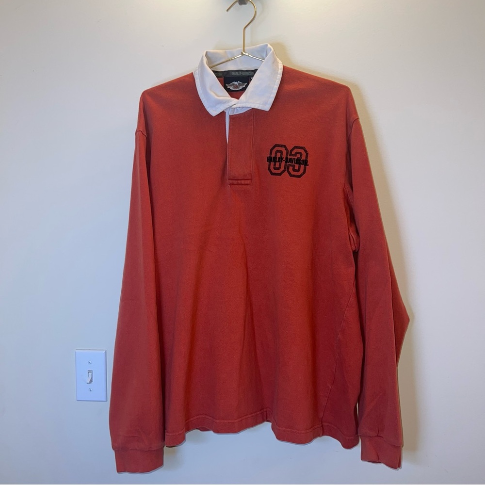 Vintage Harley-Davidson Rugby Shirt XL 2005 Brick Rust‎ White Collar